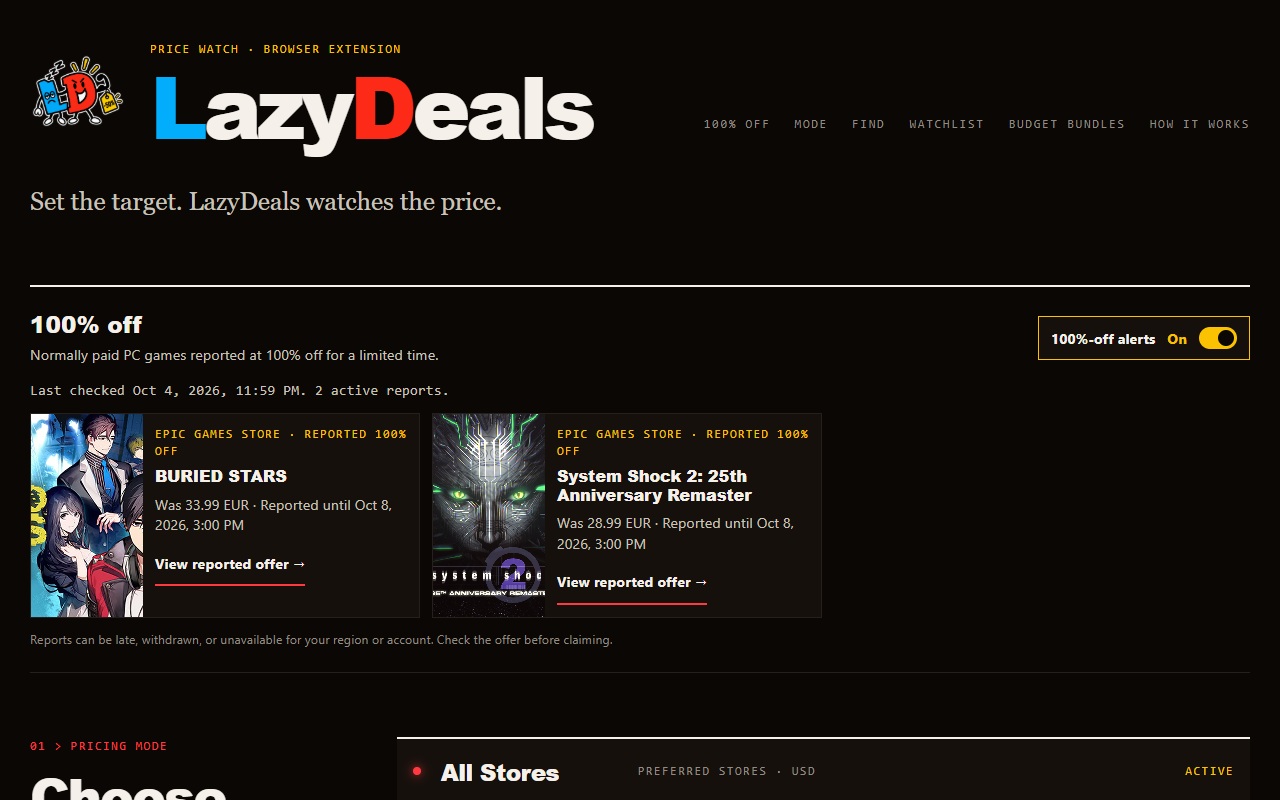 LazyDeals 100%-off report rail with game artwork and offer cards